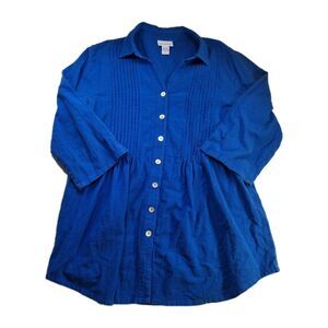 Soft Surroundings Sz XL Cotton Button Up Tunic 3/4 Sleeve Blue Airy Coastal